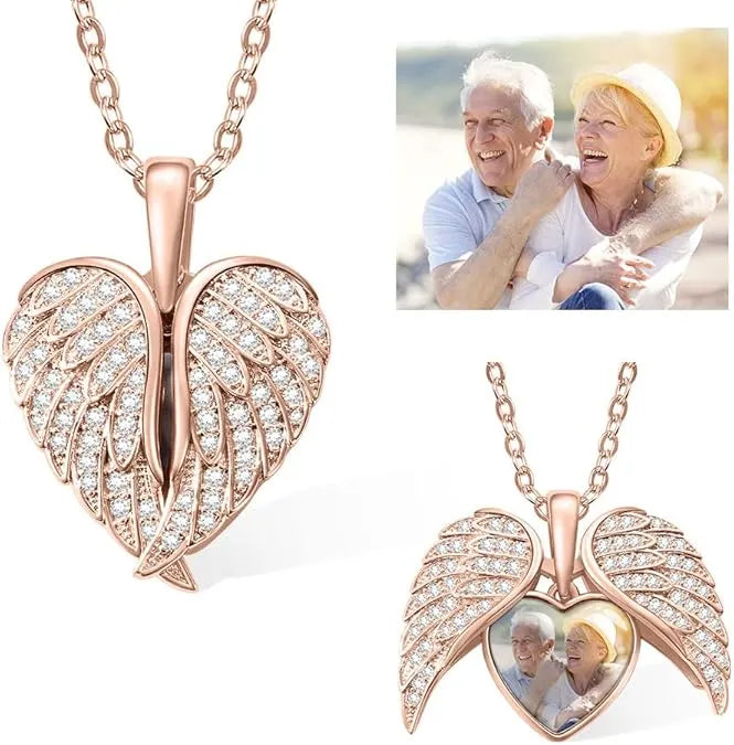 Angel Wing Heart Photo Locket Necklace