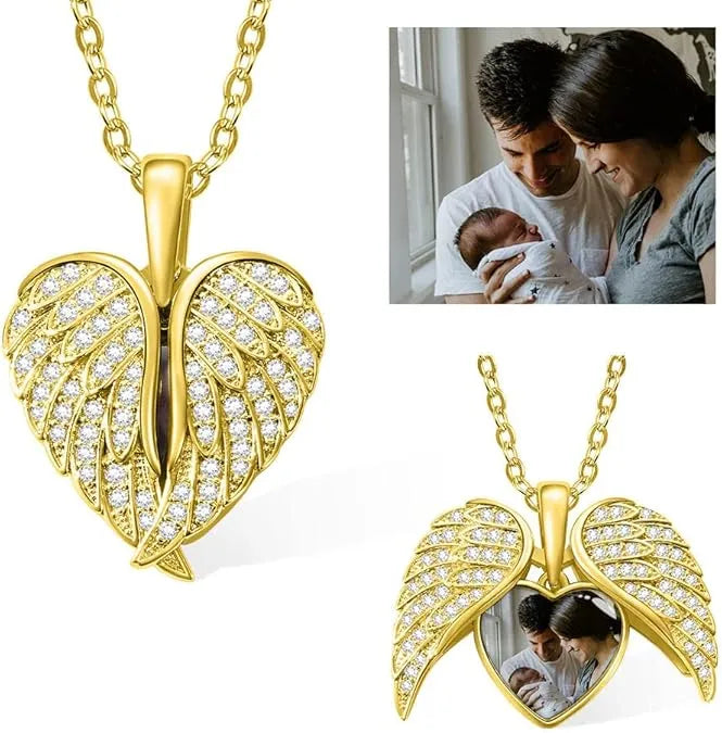 Angel Wing Heart Photo Locket Necklace