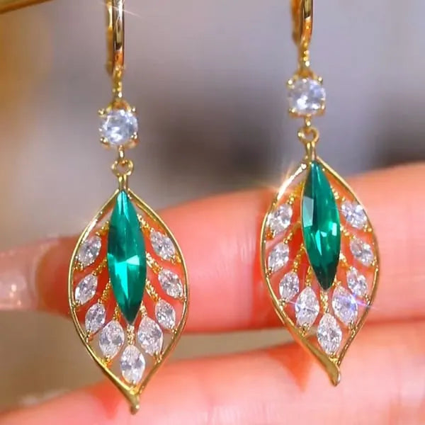 Green Gemstone Leaf Earrings Novaryss 03