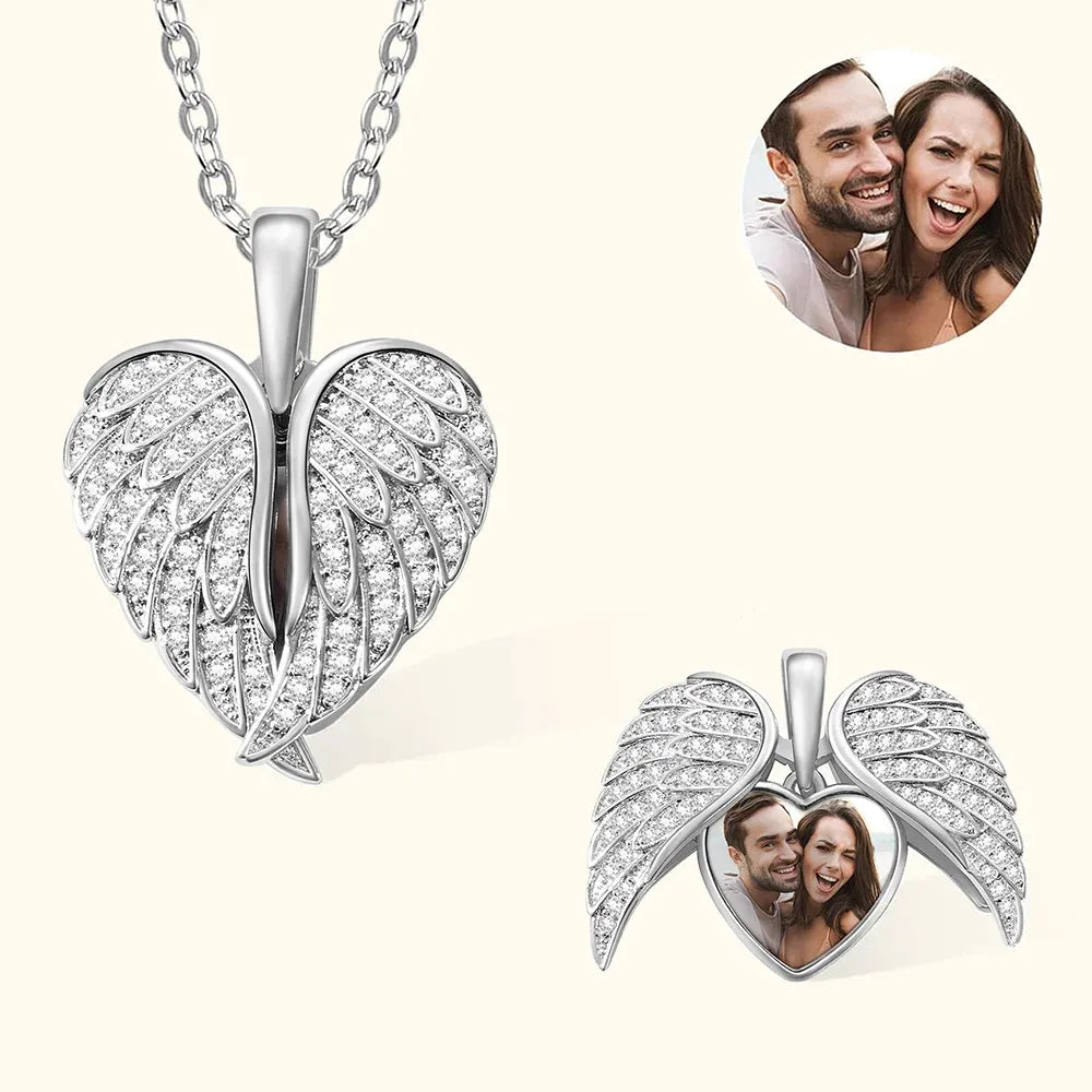 Angel Wing Heart Photo Locket Necklace