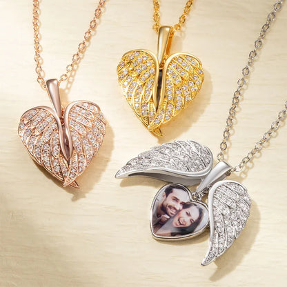 Angel Wing Heart Photo Locket Necklace