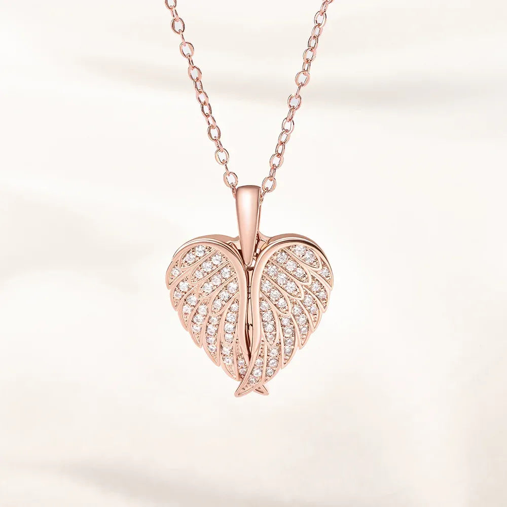 Angel Wing Heart Photo Locket Necklace