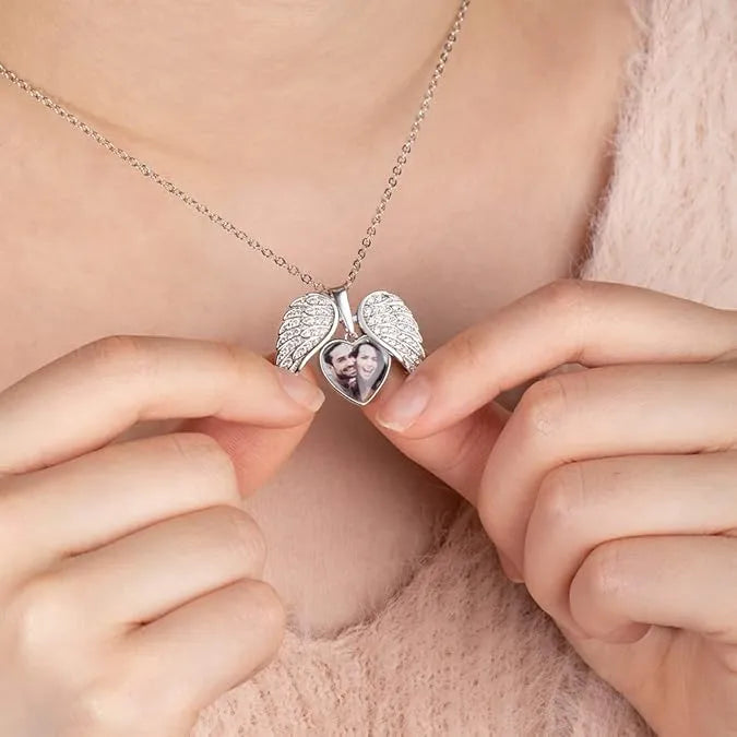 Angel Wing Heart Photo Locket Necklace