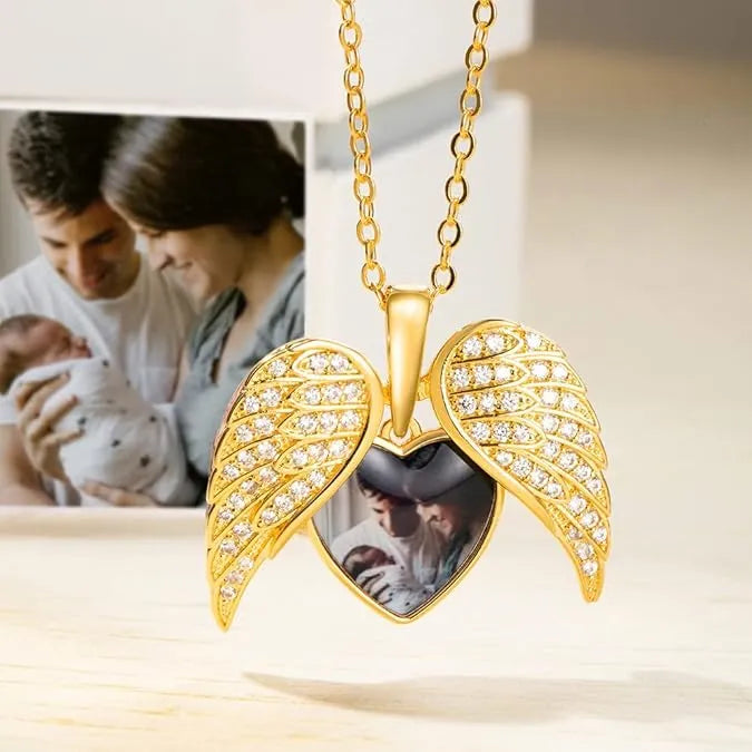 Angel Wing Heart Photo Locket Necklace