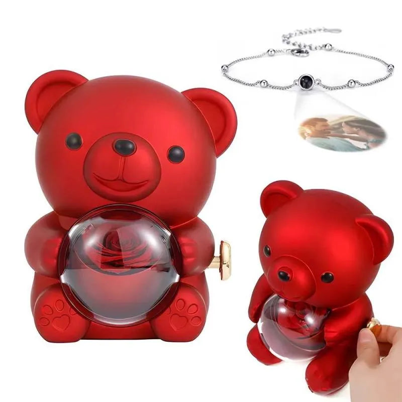 Personalised Projection Photo Bracelet & Rose Bear Gift Box