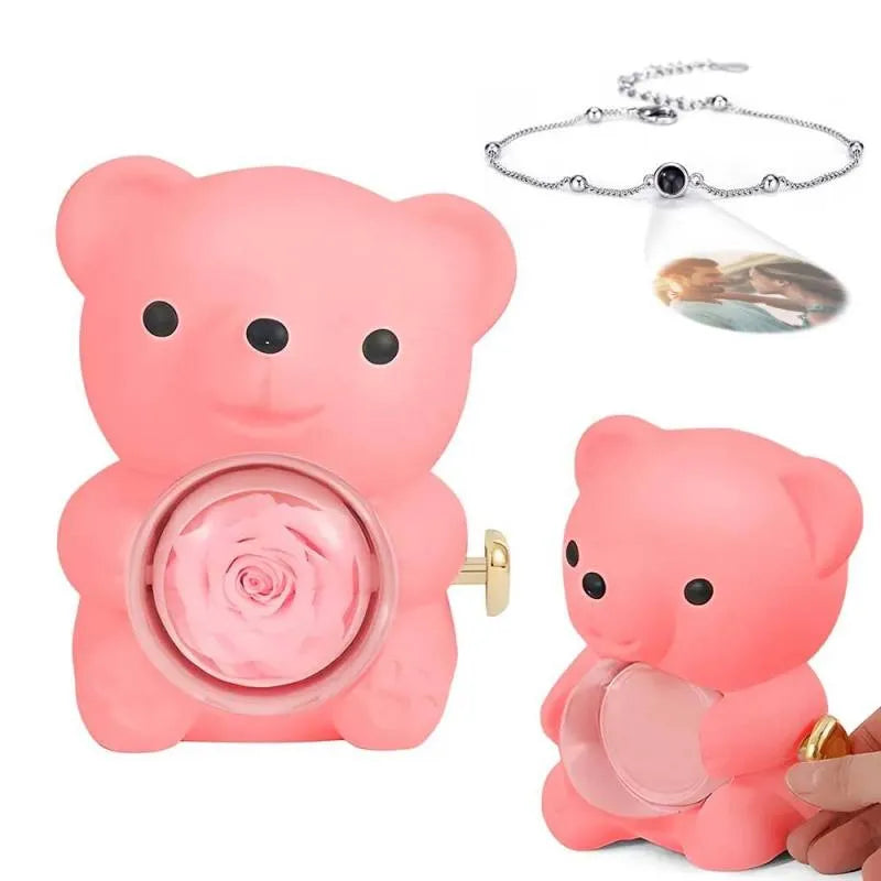 Personalised Projection Photo Bracelet & Rose Bear Gift Box
