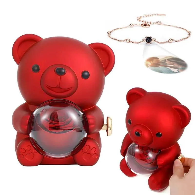 Personalised Projection Photo Bracelet & Rose Bear Gift Box